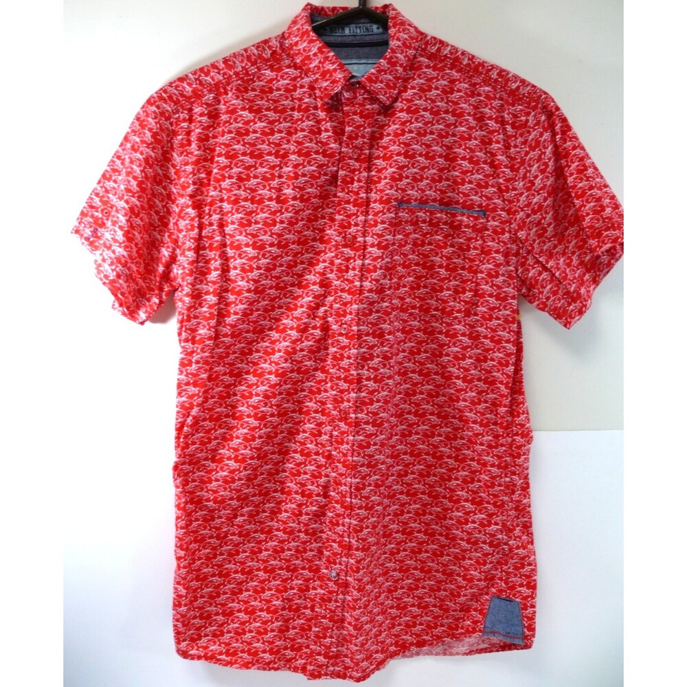 Good Vibes Slim Fitting red fish print Short Sleeve Button Down Shirt mens/boy S